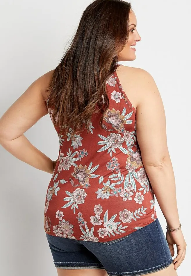 Women Plus Size 247 Red Floral High Neck Tank Top Maurices Plus Tops