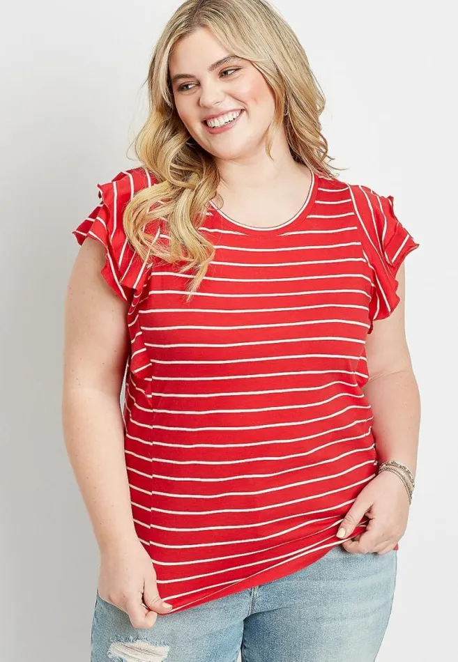 Women Plus Size 247 Red Stripe Ruffle Sleeve Tee Maurices Plus Tops