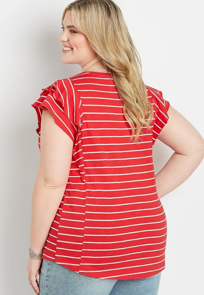 Women Plus Size 247 Red Stripe Ruffle Sleeve Tee Maurices Plus Tops