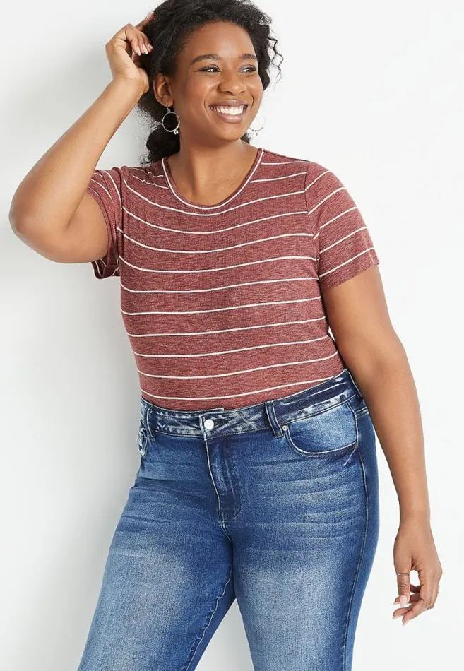 Women Plus Size 247 Red Striped Rib Knit Tuck In Tee Maurices Plus Tops