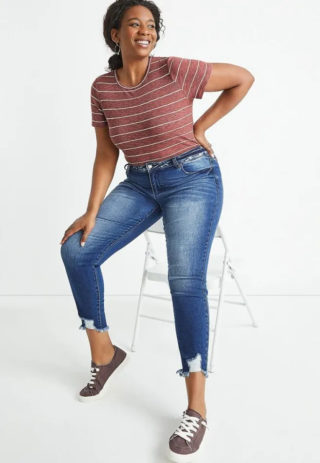 Women Plus Size 247 Red Striped Rib Knit Tuck In Tee Maurices Plus Tops