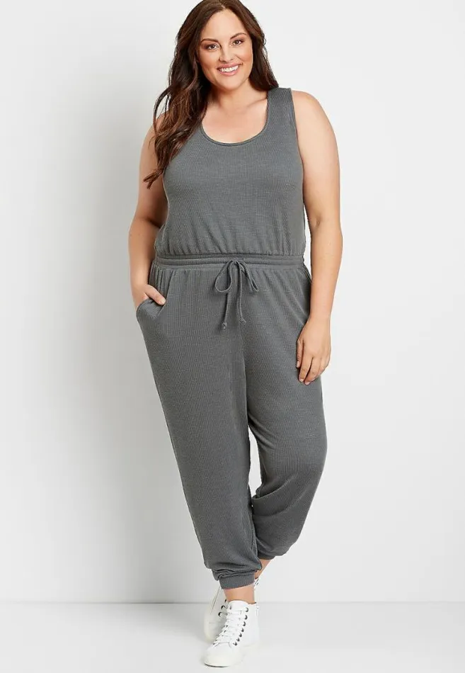 Women Plus Size 247 Ribbed Jogger Drawcord Pocket Jumpsuit Maurices Plus Dresses and Jumpsuits
