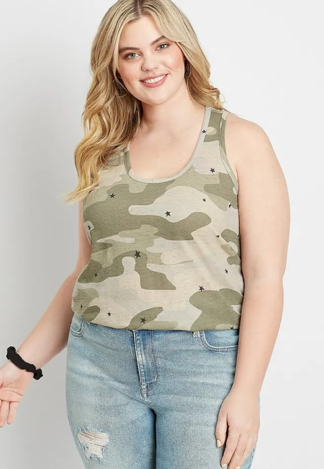 Women Plus Size 247 Star Camo Knot Back Tank Top Maurices Plus Tops