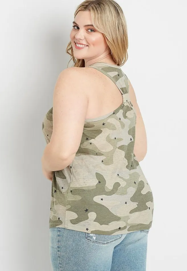 Women Plus Size 247 Star Camo Knot Back Tank Top Maurices Plus Tops