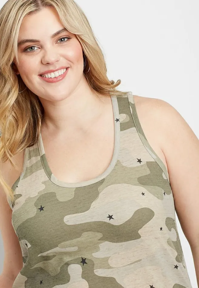 Women Plus Size 247 Star Camo Knot Back Tank Top Maurices Plus Tops