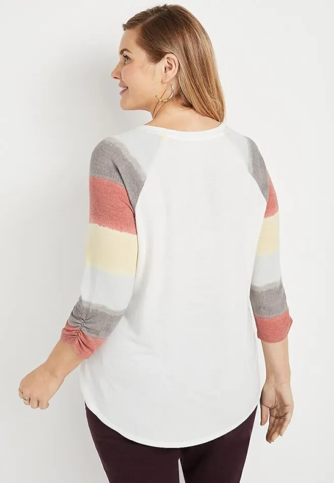 Women Plus Size 247 White Colorblock Ruched Sleeve Baseball Tee Maurices Plus Tops