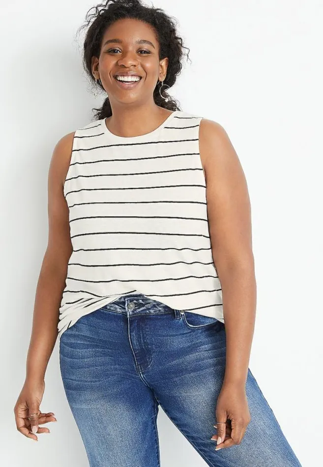 Women Plus Size 247 White Striped Strappy Back Classic Tank Top Maurices Plus Tops