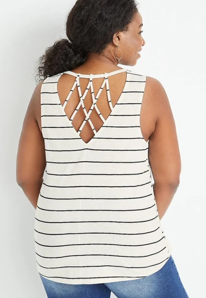 Women Plus Size 247 White Striped Strappy Back Classic Tank Top Maurices Plus Tops