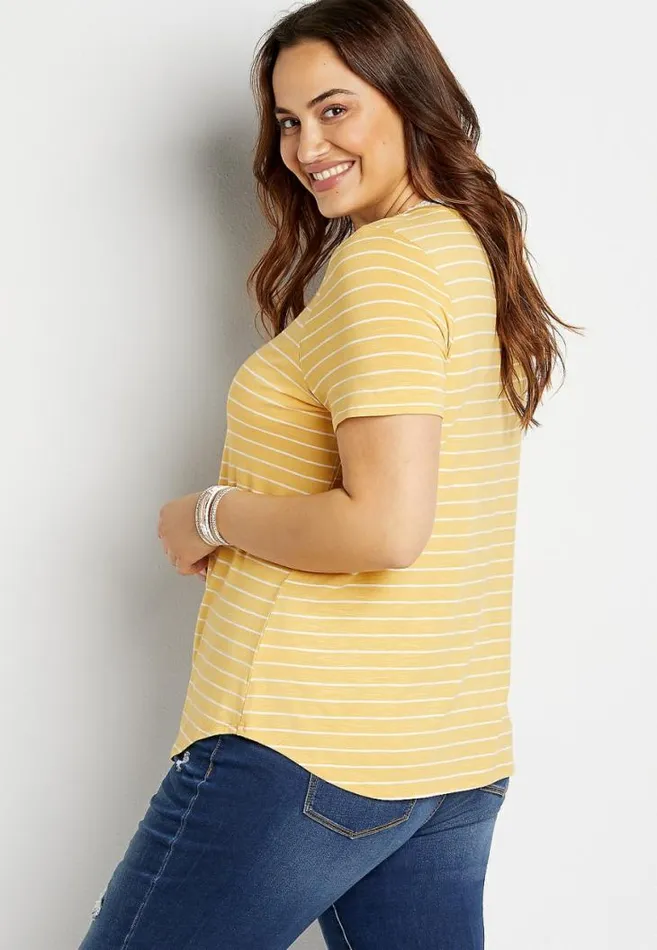 Women Plus Size 247 Yellow Striped Lace Up Neck Maurices Plus Tops