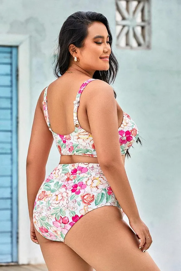 Women Plus Size and Curve Bikinis Cupshe 90s Floral Wrap Front Bralette And Banded High Waist Bikini Set Multicolor