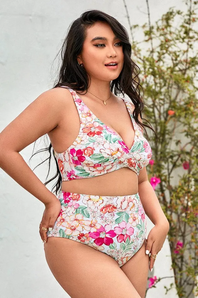 Women Plus Size and Curve Bikinis Cupshe 90s Floral Wrap Front Bralette And Banded High Waist Bikini Set Multicolor