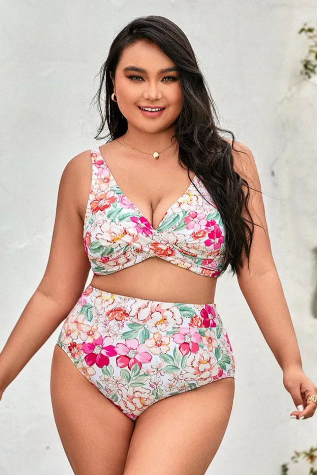 Women Plus Size and Curve Bikinis Cupshe 90s Floral Wrap Front Bralette And Banded High Waist Bikini Set Multicolor