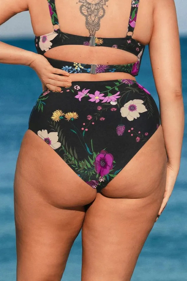 Women Plus Size and Curve Bikinis Cupshe Annabelle Floral High Waist Plus Size Bikini Bottom Black