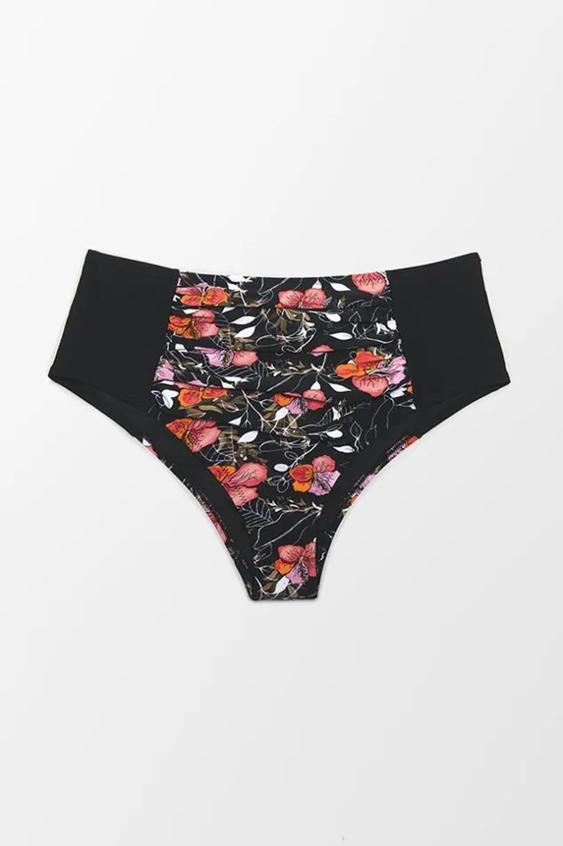 Women Plus Size and Curve Bikinis Cupshe Black Floral High Waisted Plus Size Bikini Bottom Multicolor
