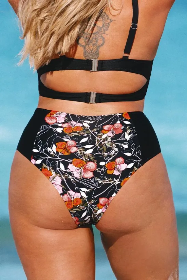 Women Plus Size and Curve Bikinis Cupshe Black Floral High Waisted Plus Size Bikini Bottom Multicolor