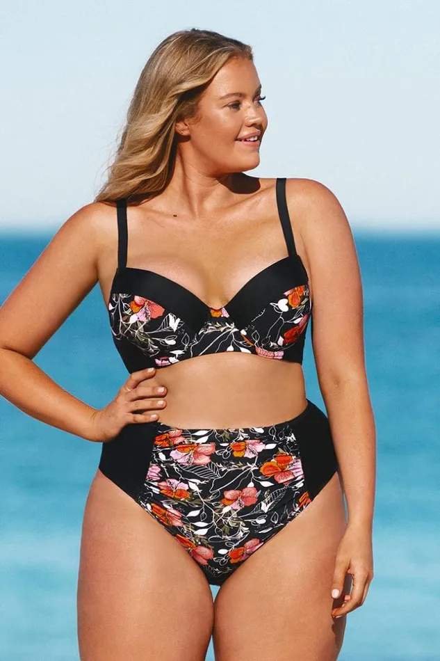 Women Plus Size and Curve Bikinis Cupshe Black Floral High Waisted Plus Size Bikini Bottom Multicolor