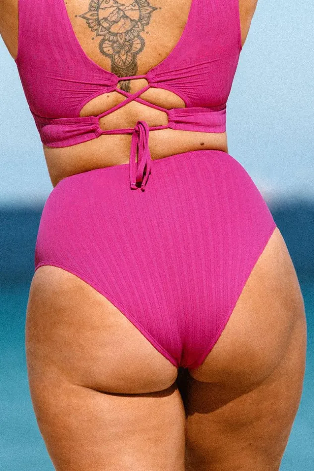 Women Plus Size and Curve Bikinis Cupshe Breezy Rib Classic High Waist Plus Size Bikini Bottom Pink