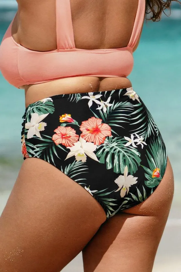 Women Plus Size and Curve Bikinis Cupshe Diamond Floral High Waist Plus Size Bikini Bottom Multicolor