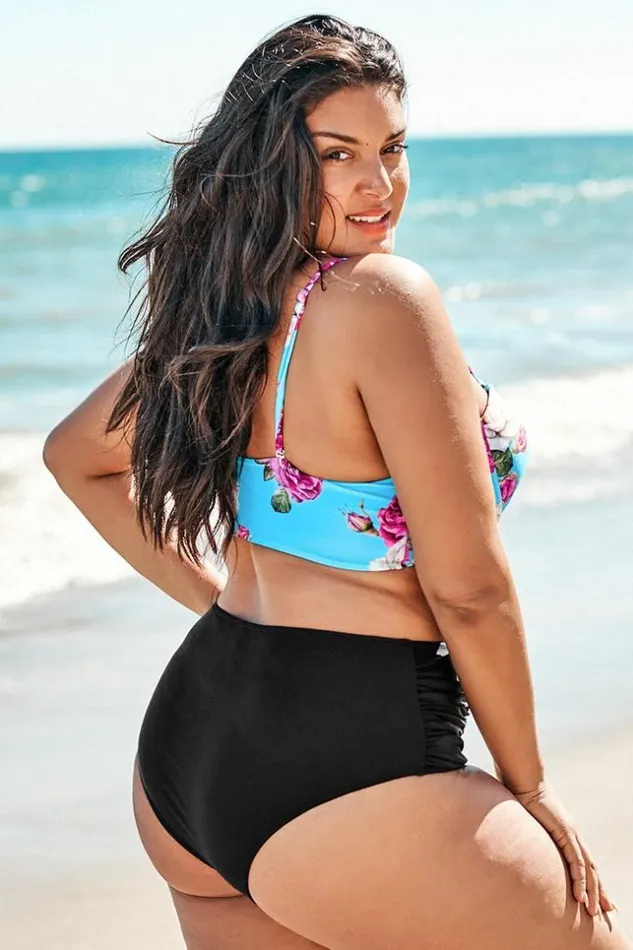 Women Plus Size and Curve Bikinis Cupshe Floral And Black Shirring High Waisted Plus Size Bikini Multicolor