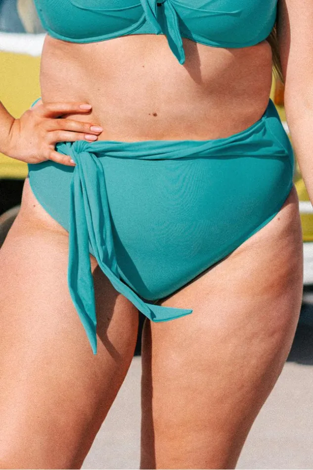 Women Plus Size and Curve Bikinis Cupshe Kristin Tie Front High Waist Plus Size Bikini Bottom Teal