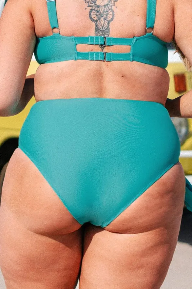 Women Plus Size and Curve Bikinis Cupshe Kristin Tie Front High Waist Plus Size Bikini Bottom Teal