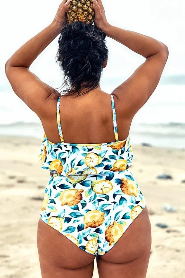 Women Plus Size and Curve Bikinis Cupshe Leaf And Lemon Printed High Waist Plus Size Bikini Multicolor