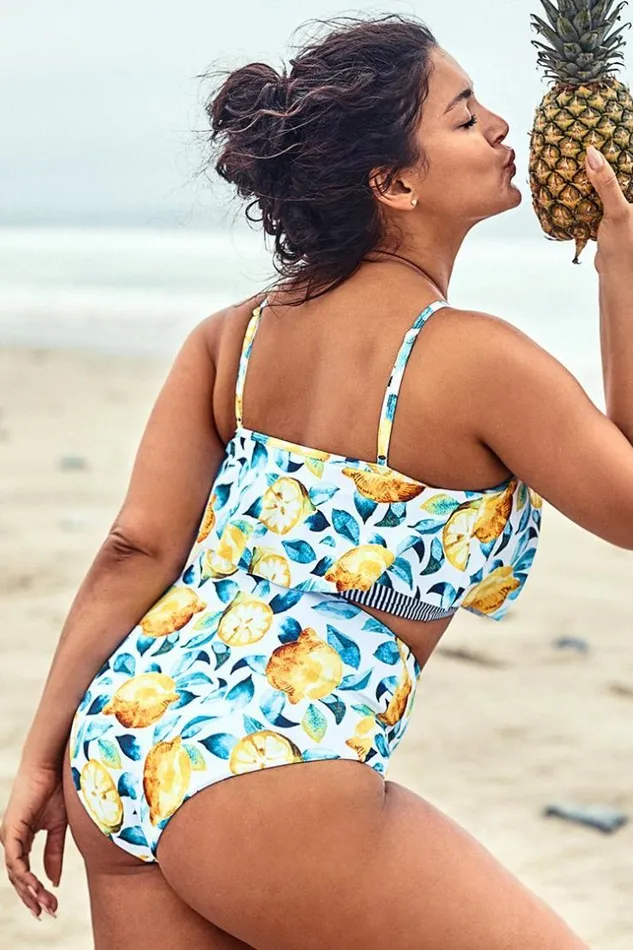 Women Plus Size and Curve Bikinis Cupshe Leaf And Lemon Printed High Waist Plus Size Bikini Multicolor
