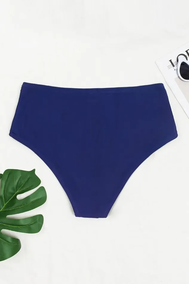 Women Plus Size and Curve Bikinis Cupshe Seaside Holiday Side Shirred High Waist Plus Size Bikini Bottom Navy