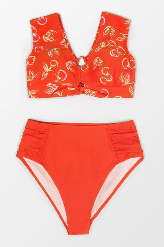 Women Plus Size and Curve Bikinis Cupshe Sweet Cherries Midkini And High Waist Plus Size Bikini Set Red