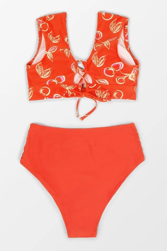 Women Plus Size and Curve Bikinis Cupshe Sweet Cherries Midkini And High Waist Plus Size Bikini Set Red
