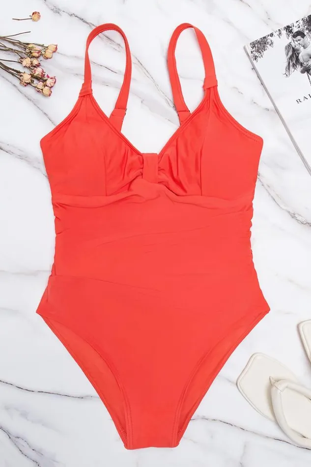 Women Plus Size and Curve Swimsuits Cupshe Ally Ruched Cutout Back Plus Size One Piece Swimsuit Red
