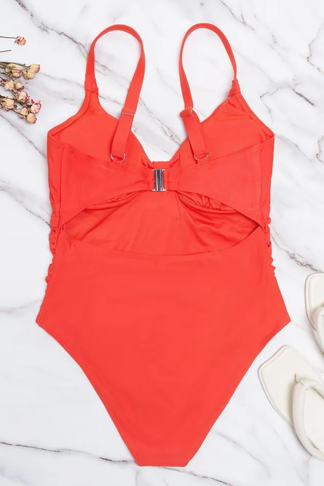 Women Plus Size and Curve Swimsuits Cupshe Ally Ruched Cutout Back Plus Size One Piece Swimsuit Red