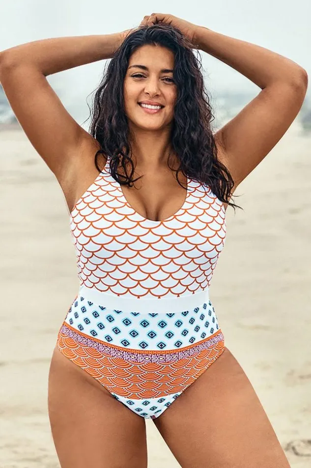 Women Plus Size and Curve Swimsuits Cupshe Fish Scales Printed Plus Size One Piece Swimsuit Multicolor