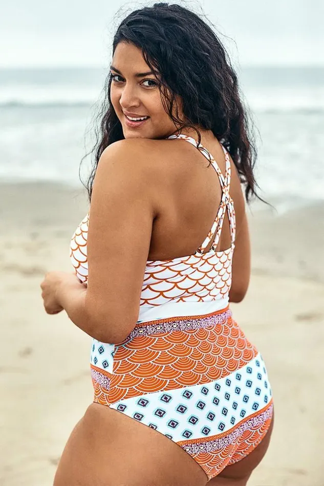 Women Plus Size and Curve Swimsuits Cupshe Fish Scales Printed Plus Size One Piece Swimsuit Multicolor