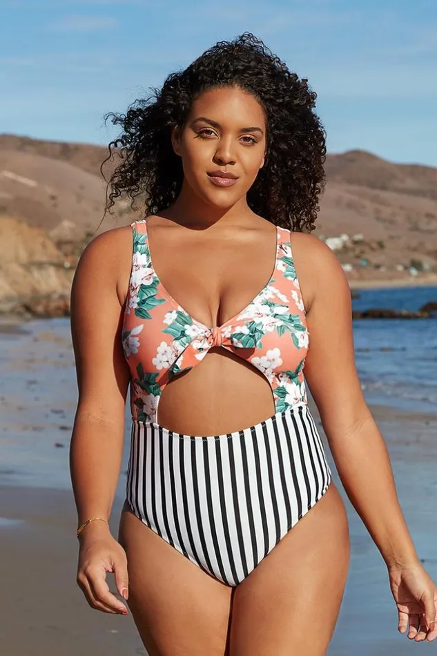 Women Plus Size and Curve Swimsuits Cupshe Floral And Striped Cutout Knotted Plus Size One Piece Swimsuit Multicolor Women Plus Size and Curve Swimsuits Cupshe Floral And Striped Cutout Knotted Plus Size One Piece Swimsuit Multicolor