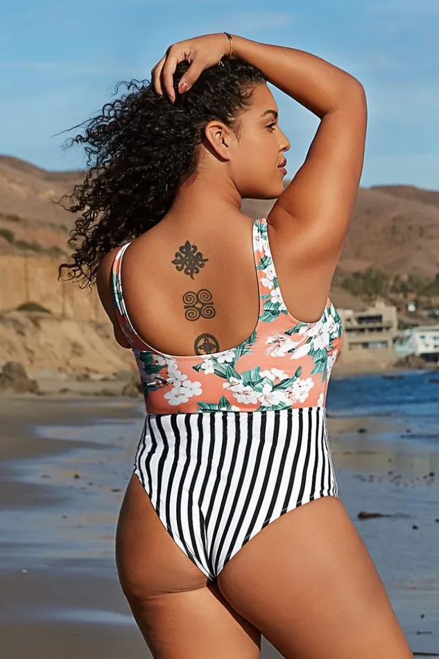 Women Plus Size and Curve Swimsuits Cupshe Floral And Striped Cutout Knotted Plus Size One Piece Swimsuit Multicolor