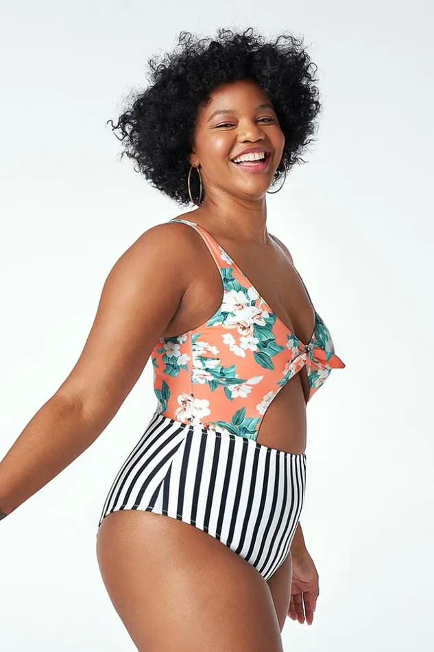 Women Plus Size and Curve Swimsuits Cupshe Floral And Striped Cutout Knotted Plus Size One Piece Swimsuit Multicolor