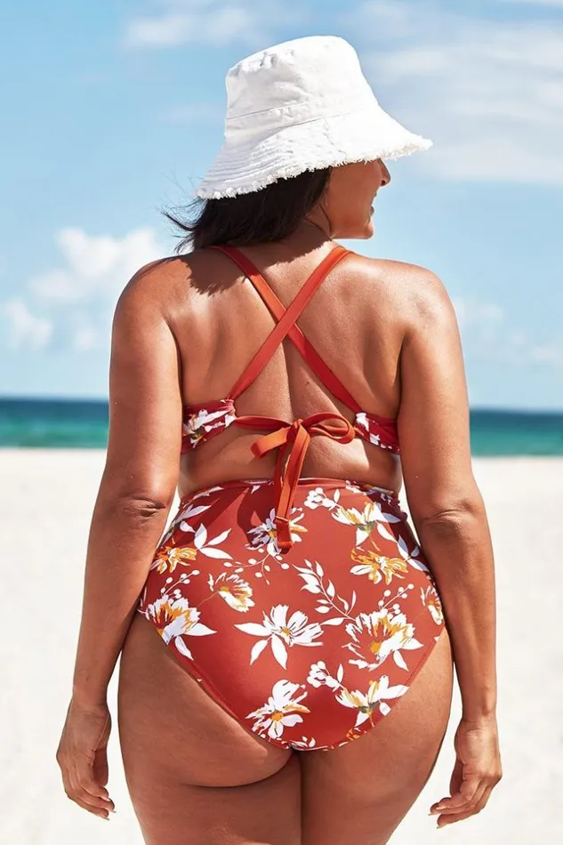 Women Plus Size and Curve Swimsuits Cupshe Jasmin Floral Cut Out Plus Size One Piece Swimsuit Multicolor