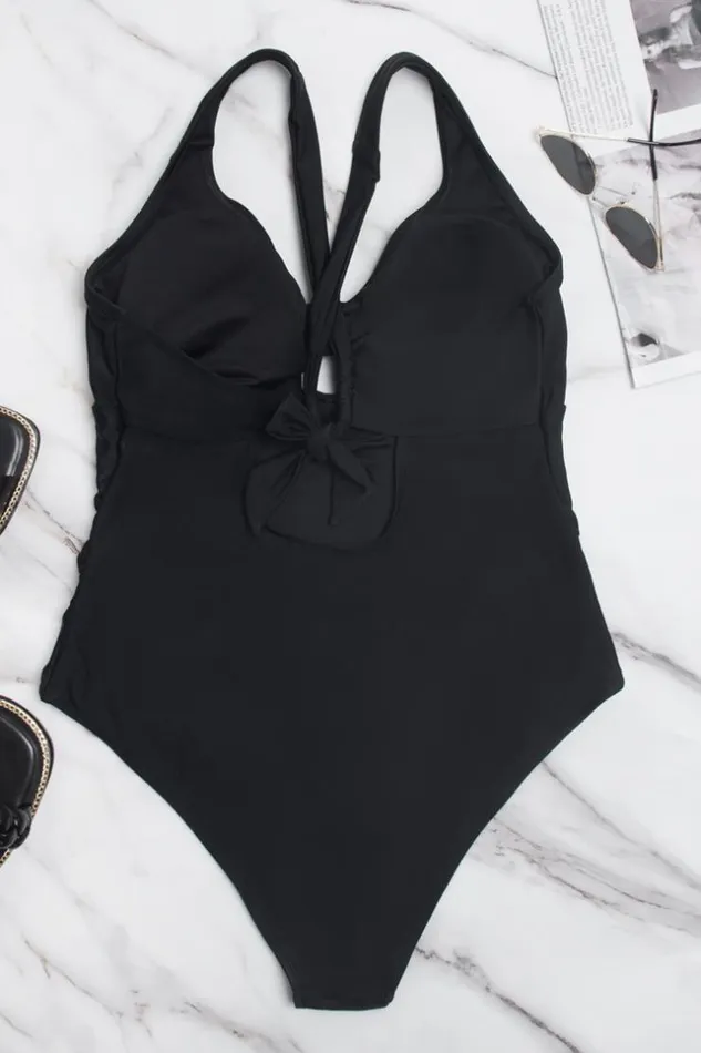 Women Plus Size and Curve Swimsuits Cupshe Midnight Flowers Bunny Tie Front Plus Size One Piece Swimsuit Black