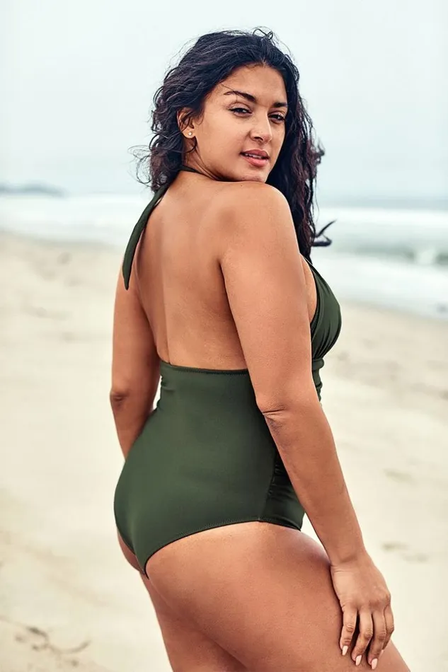 Women Plus Size and Curve Swimsuits Cupshe Olive Halter Plus Size One Piece Swimsuit Green