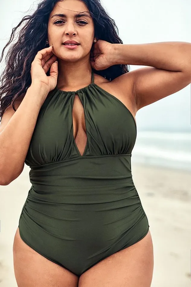 Women Plus Size and Curve Swimsuits Cupshe Olive Halter Plus Size One Piece Swimsuit Green