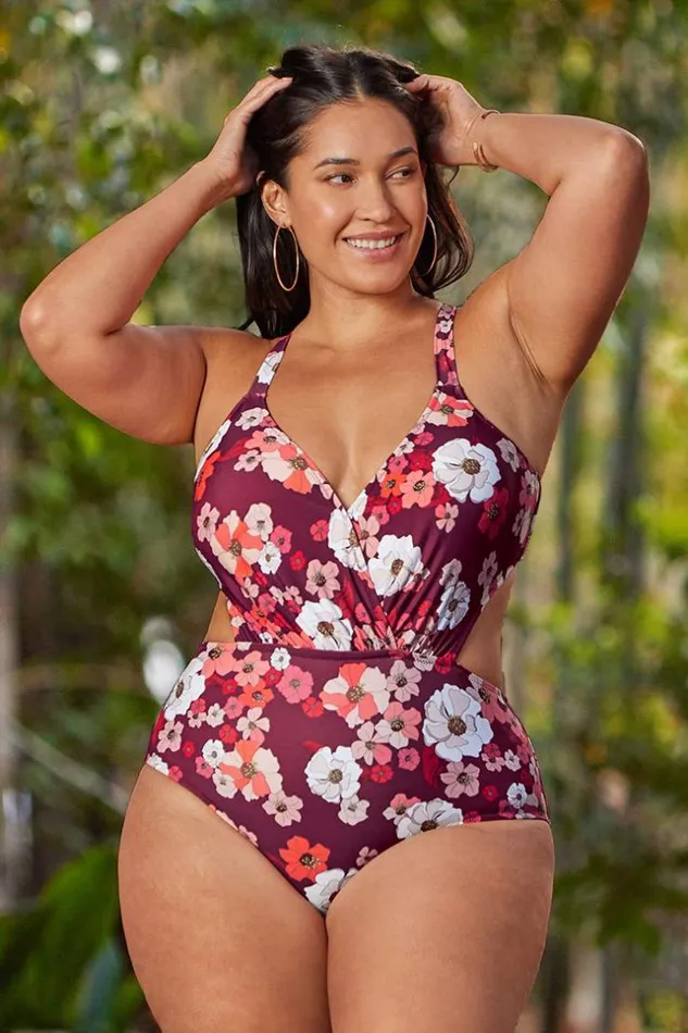 Women Plus Size and Curve Swimsuits Cupshe Olivia Floral Cutout Plus Size One Piece Swimsuit Red