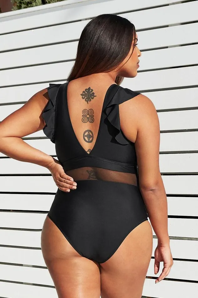 Women Plus Size and Curve Swimsuits Cupshe Ruffle Plunge V Neck Plus Size One Piece Swimsuit Black