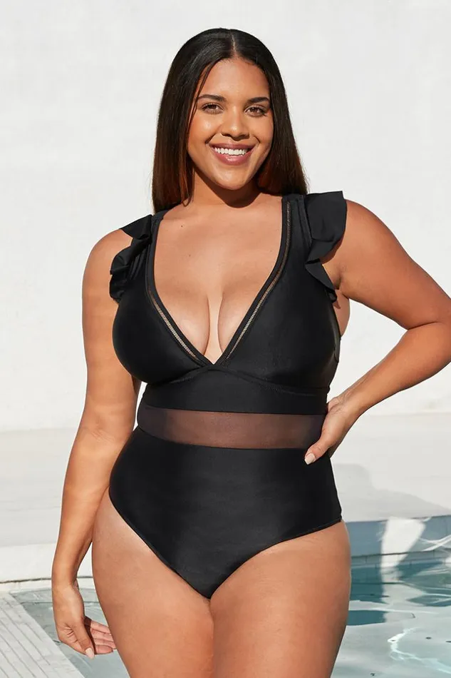 Women Plus Size and Curve Swimsuits Cupshe Ruffle Plunge V Neck Plus Size One Piece Swimsuit Black