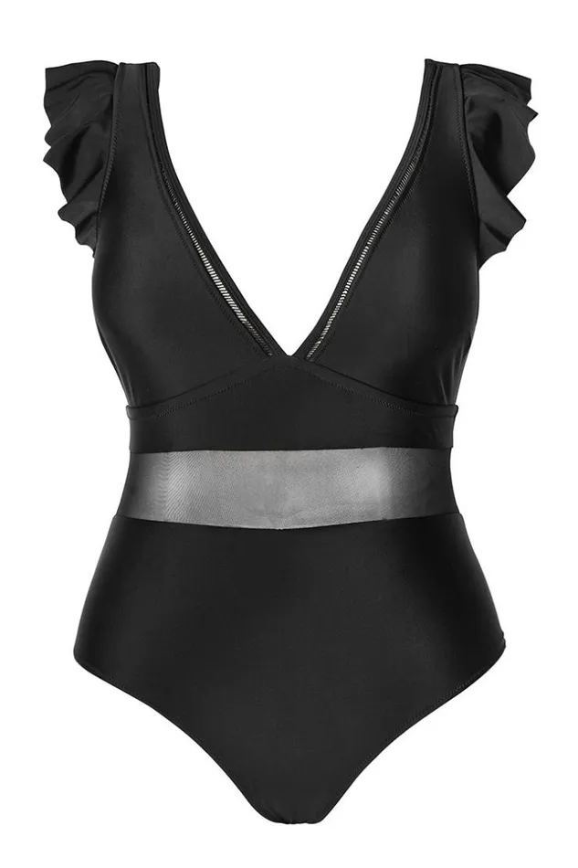 Women Plus Size and Curve Swimsuits Cupshe Ruffle Plunge V Neck Plus Size One Piece Swimsuit Black