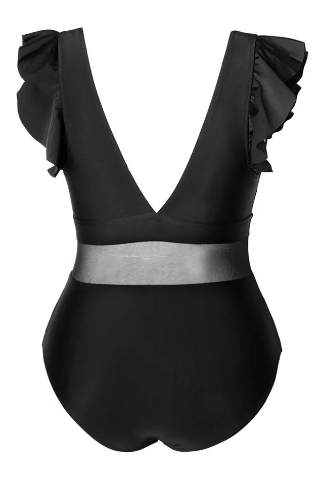 Women Plus Size and Curve Swimsuits Cupshe Ruffle Plunge V Neck Plus Size One Piece Swimsuit Black