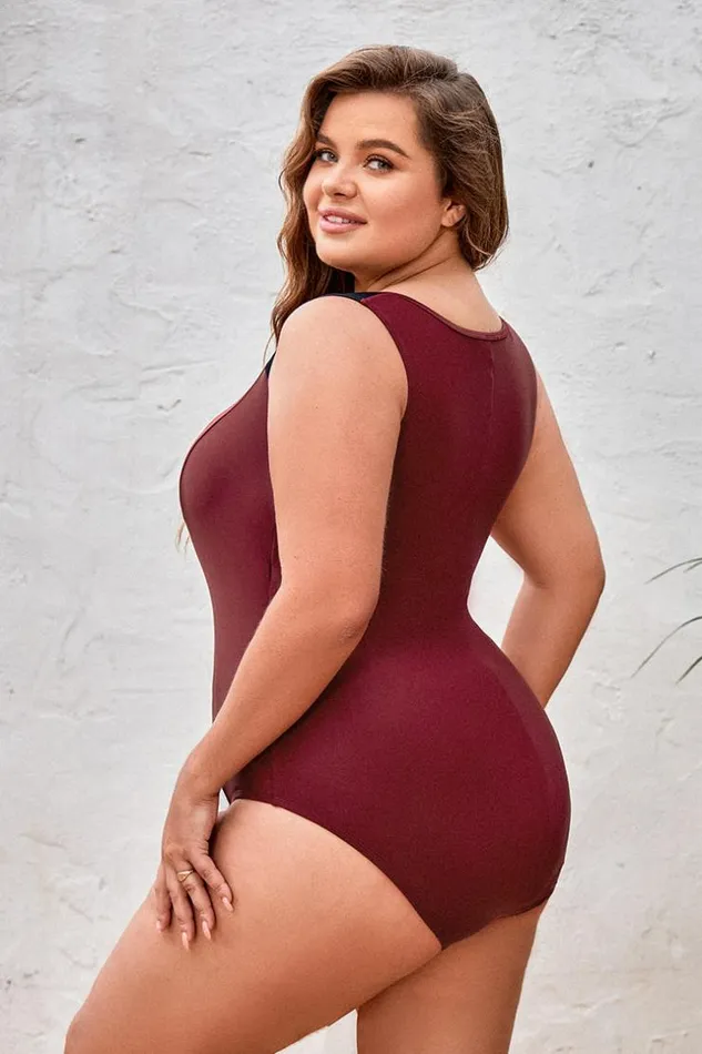 Women Plus Size and Curve Swimsuits Cupshe Wild Ronarce Front Zip Plus Size One Piece Brown