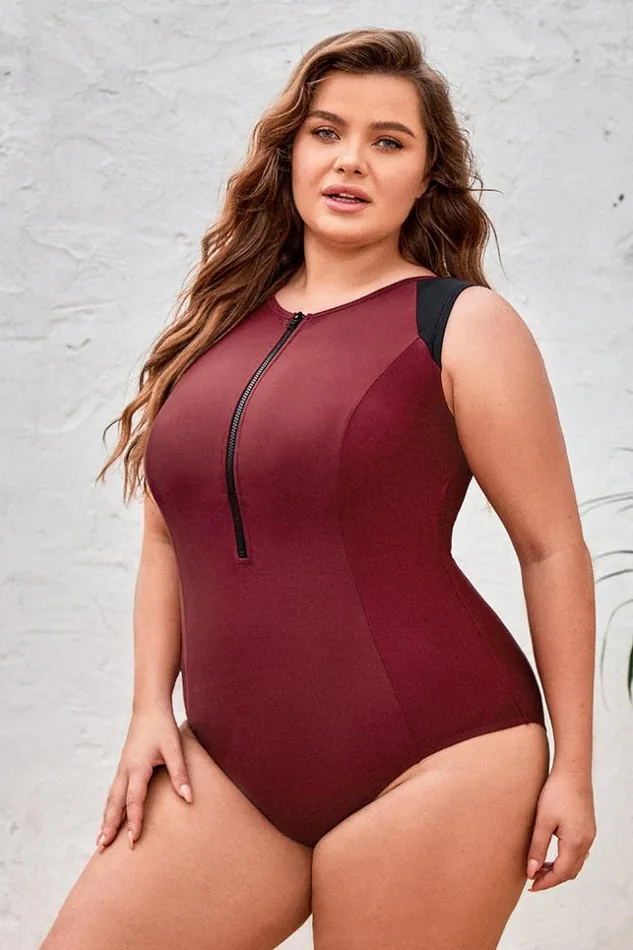 Women Plus Size and Curve Swimsuits Cupshe Wild Ronarce Front Zip Plus Size One Piece Brown