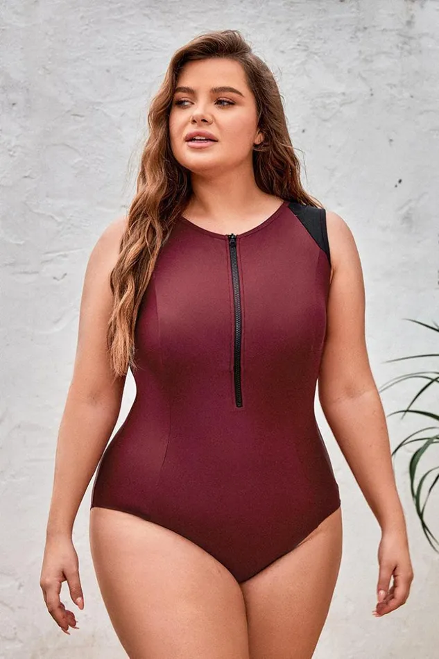 Women Plus Size and Curve Swimsuits Cupshe Wild Ronarce Front Zip Plus Size One Piece Brown