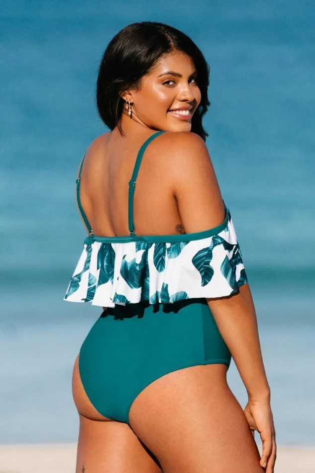 Women Plus Size and Curve Swimsuits Cupshe Zora Tropical Plus Size One Piece Swimsuit Green